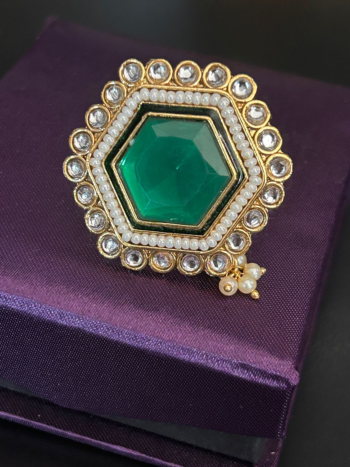 Green Hexagon Kundan Adjustable Ring – Royal Ethnic Statement Jewelry